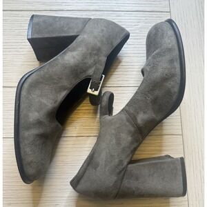 Bakers Vintage Tina Gray Suede Leather Mary Jane 4" Block Heel‎ Shoes. Sz 7.5 M
